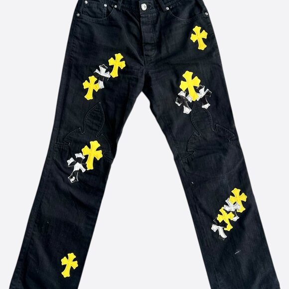 Chrome Hearts Black Cow & Yellow Cross Patch Fleur Jeans - Picture 1 of 6